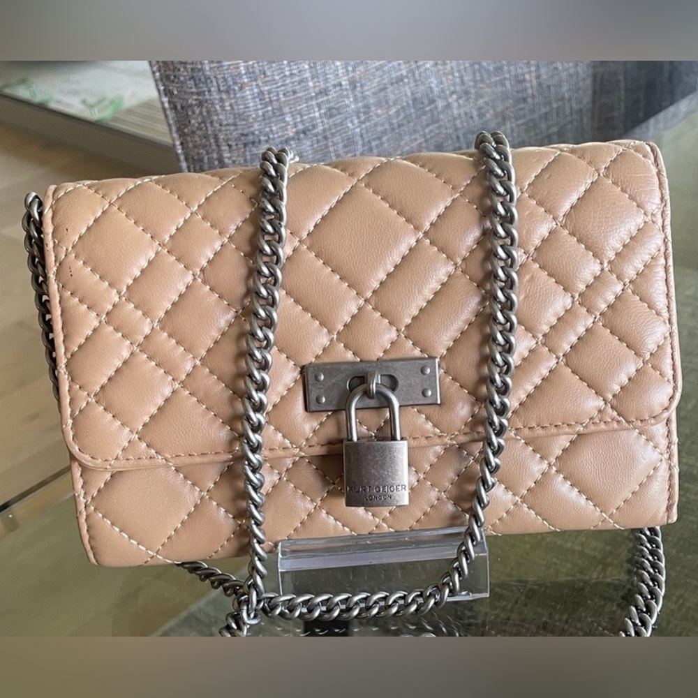 Kurt Geiger London Mini Brixton Quilted Camel Leather Crossbody Shoulder Bag